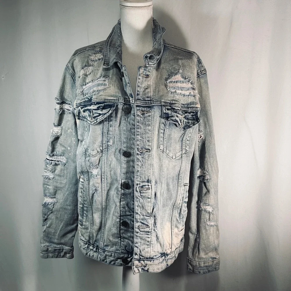 Grindhouse Denim Mens‎ Large Light Wash Distressed Ripped Jean Trucker Jacket
